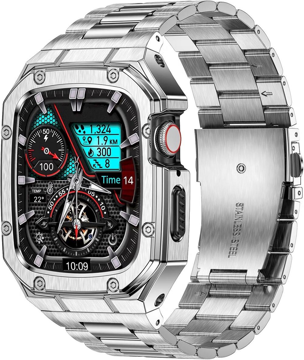 BAITEYOU Stainless Steel Watch Band With Case Compatible With Apple Watch-Silver